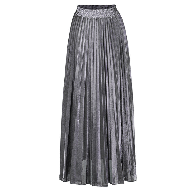 Metallic Pleated High Waist Maxi Skirt - Silver - 1