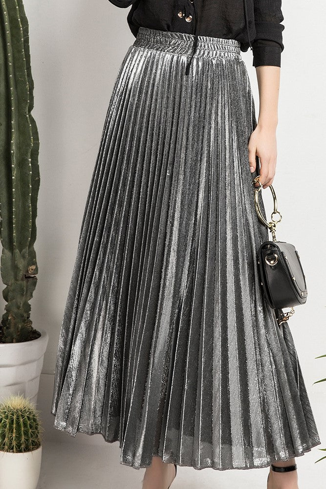 Metallic Pleated High Waist Maxi Skirt - Silver - 3