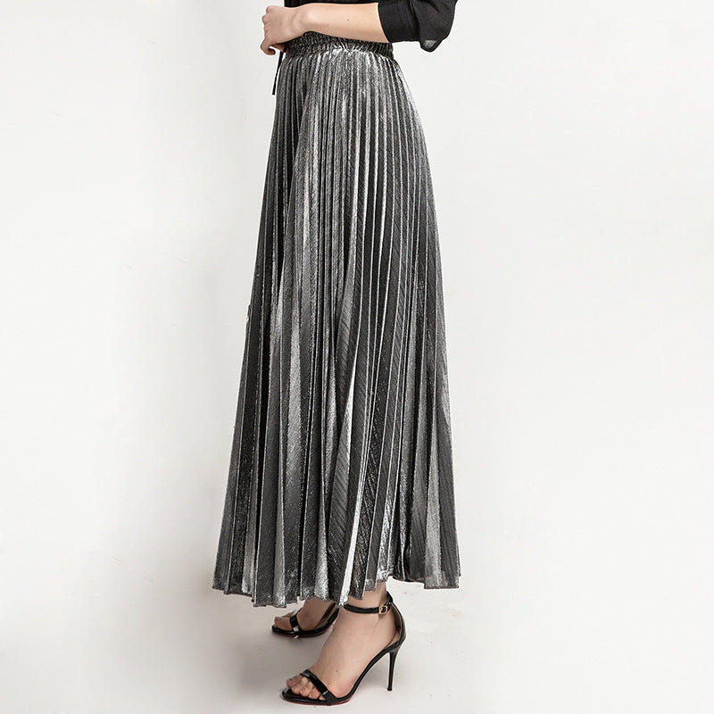 Metallic Pleated High Waist Maxi Skirt - Silver - 4