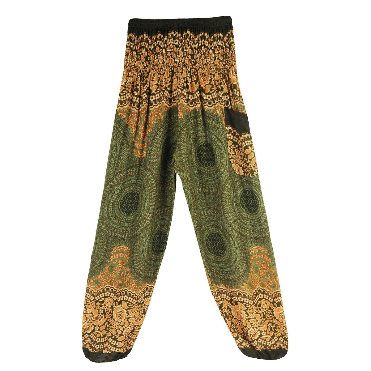 Mandala Print Smocked Waist Harem Pants - Dark green