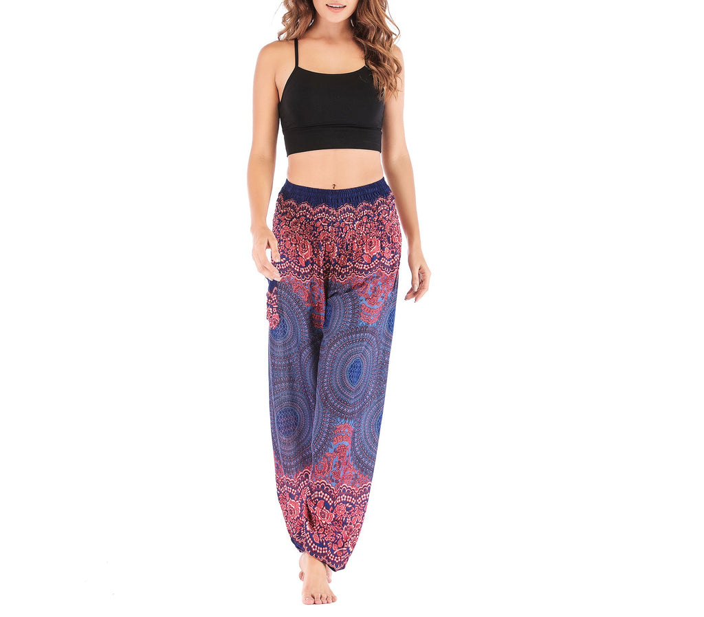 Mandala Print Smocked Waist Harem Pants - blue