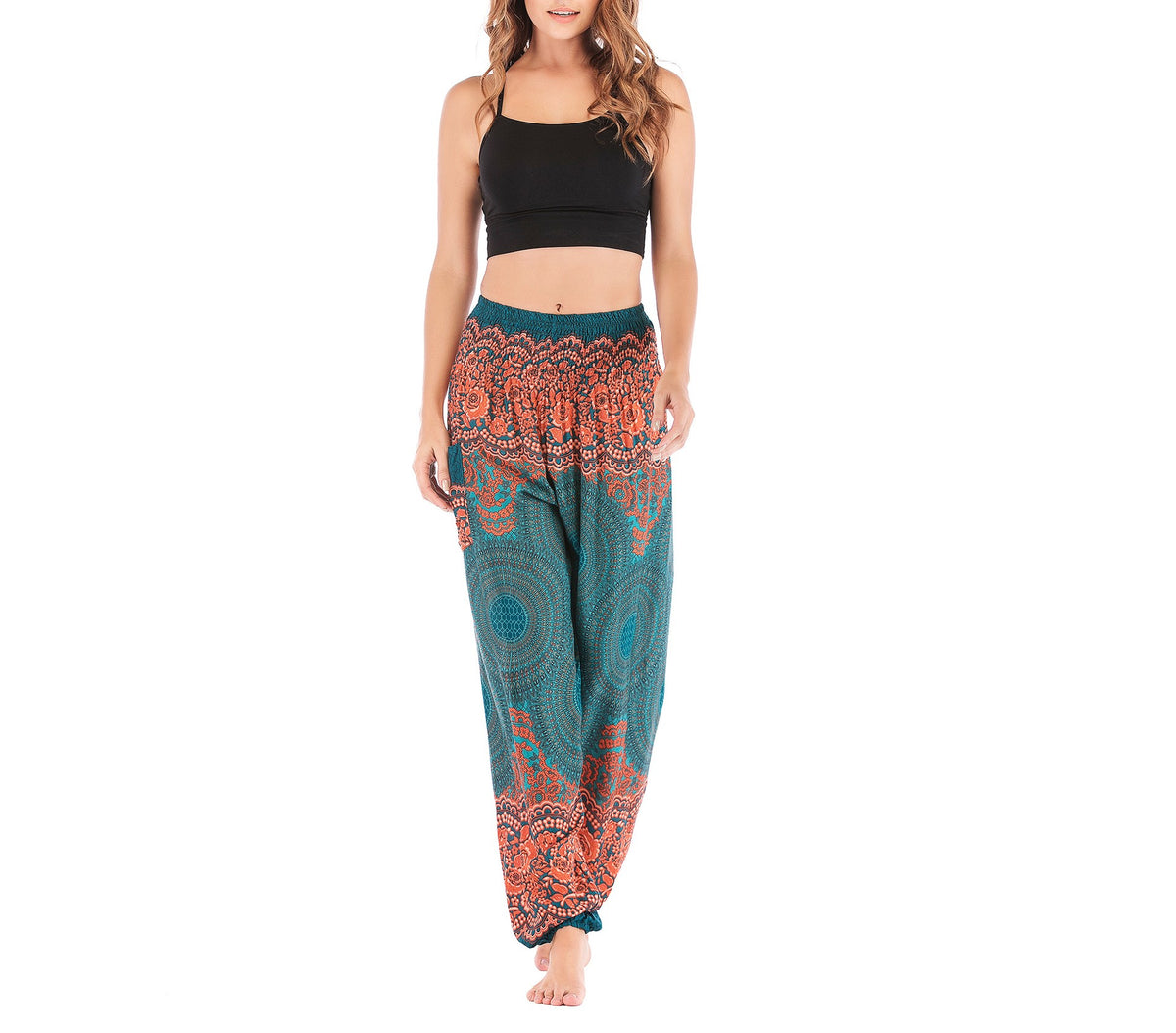Mandala Print Smocked Waist Harem Pants - green