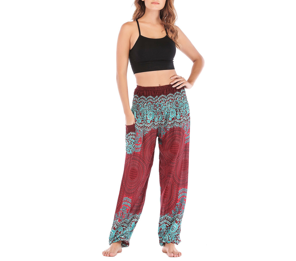 Mandala Print Smocked Waist Harem Pants - red