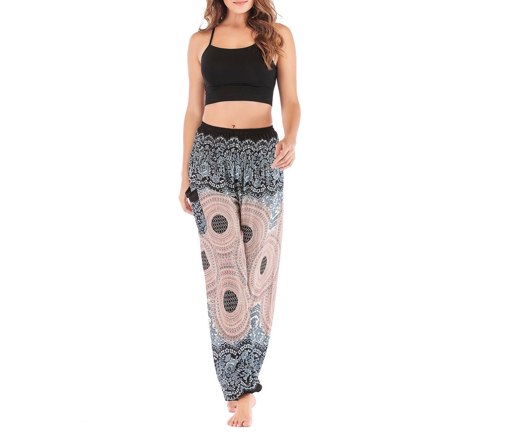 Mandala Print Smocked Waist Harem Pants - white