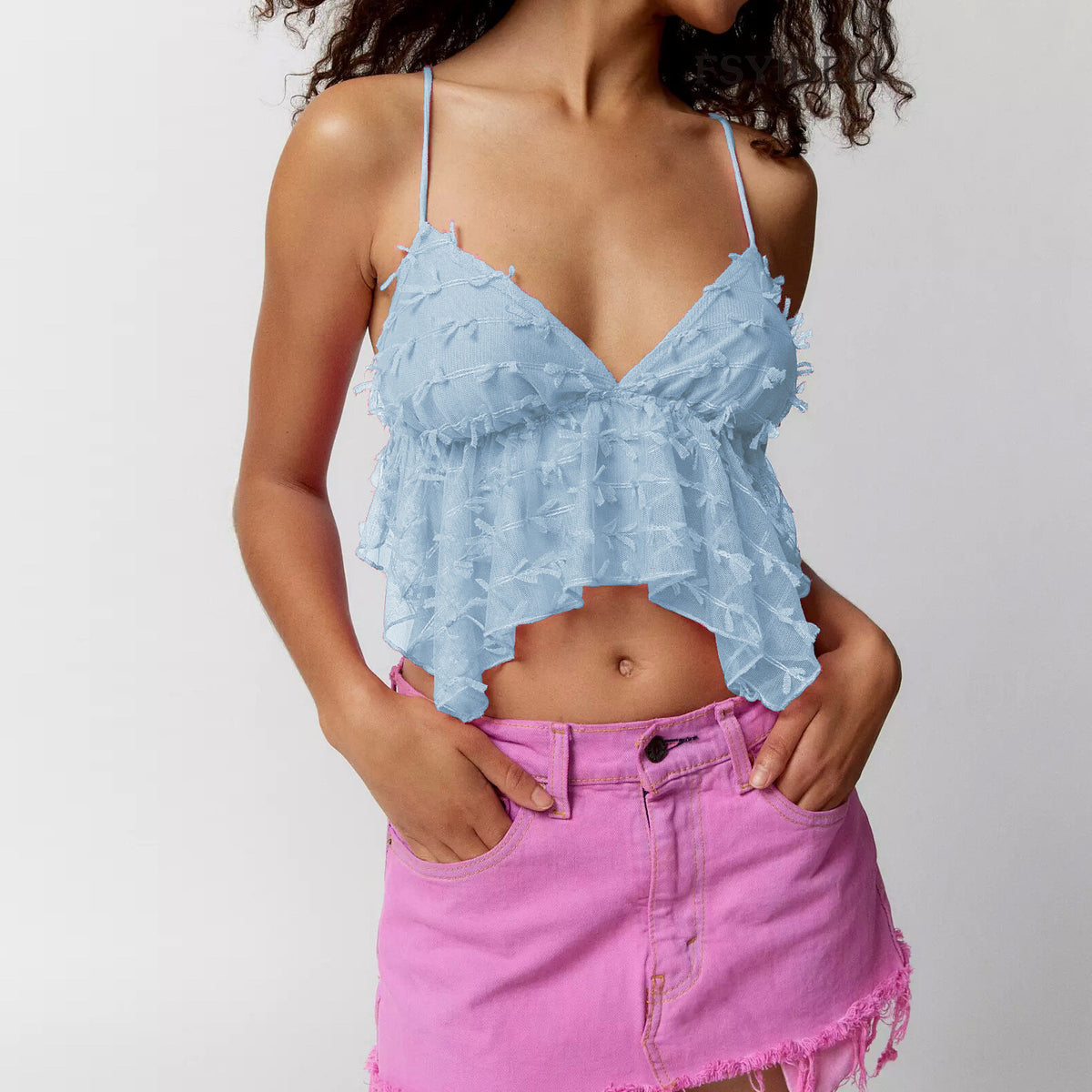 Ruffle Trim Sheer Cropped Cami Top - Blue