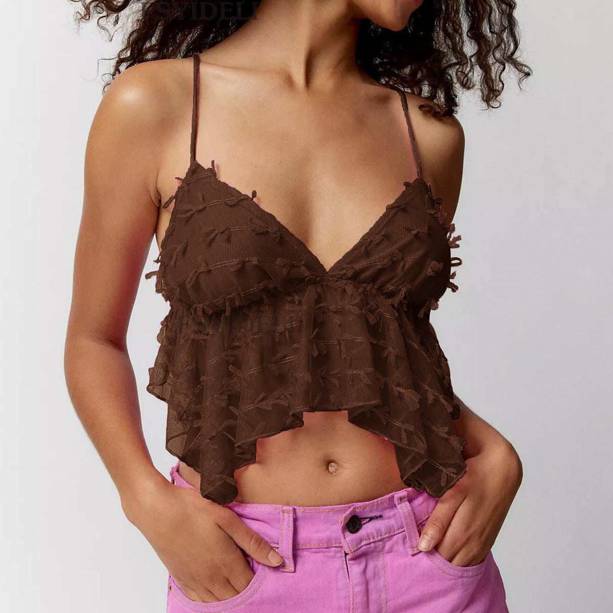 Ruffle Trim Sheer Cropped Cami Top - Brown