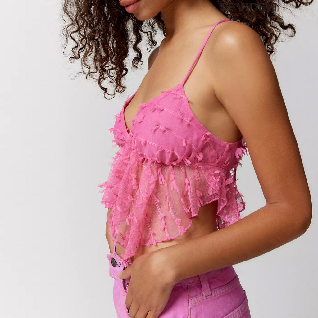 Ruffle Trim Sheer Cropped Cami Top - Pink