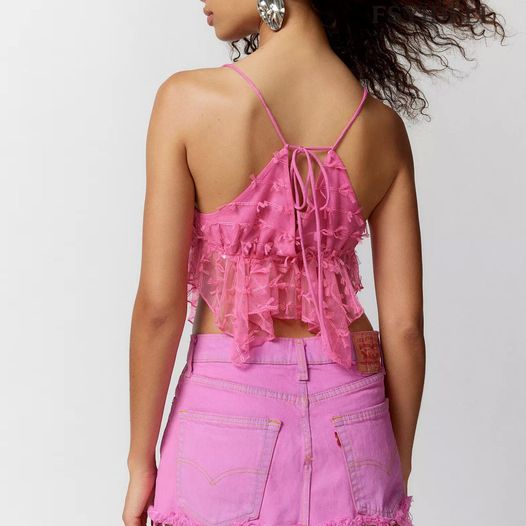 Ruffle Trim Sheer Cropped Cami Top - Pink - 1