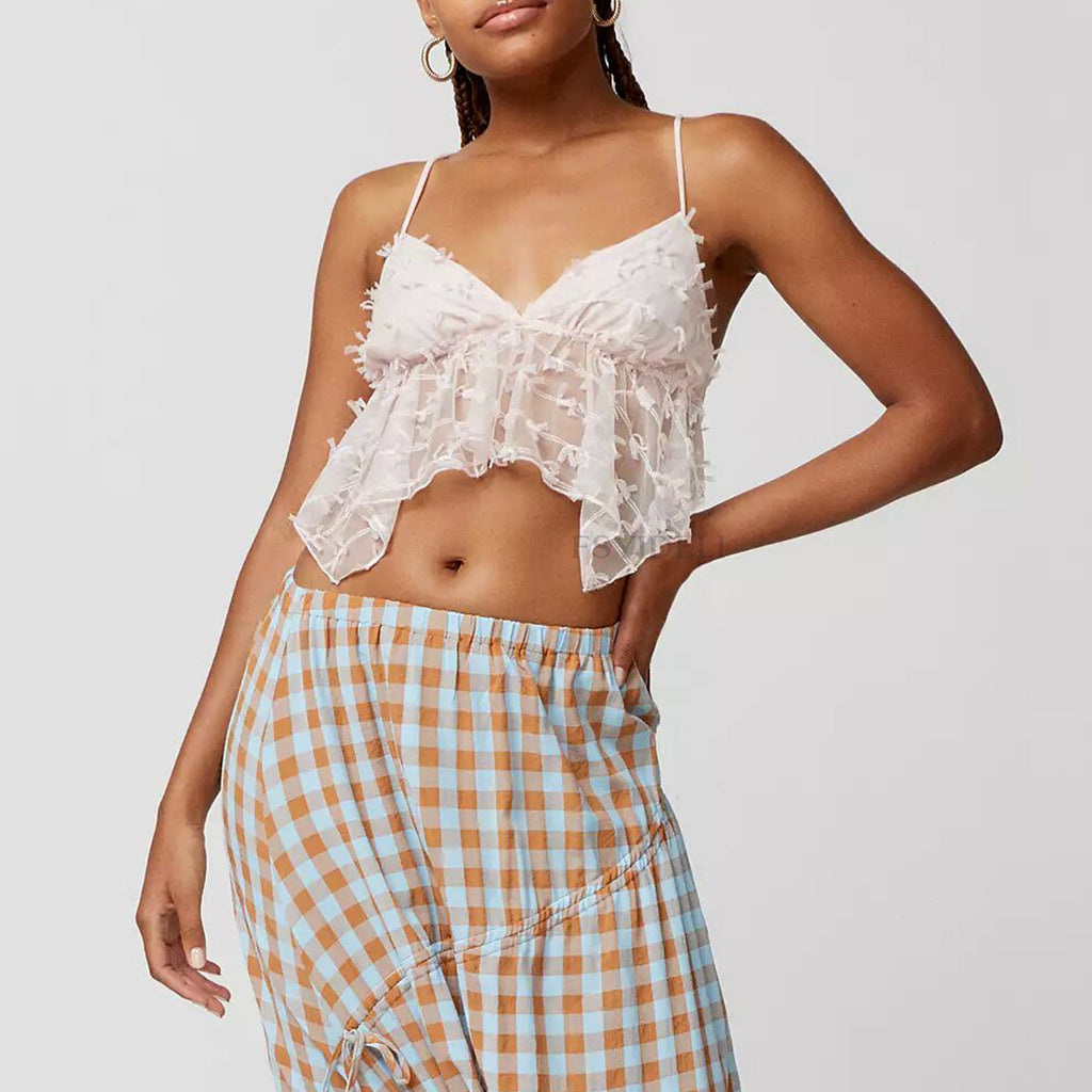 Ruffle Trim Sheer Cropped Cami Top - White