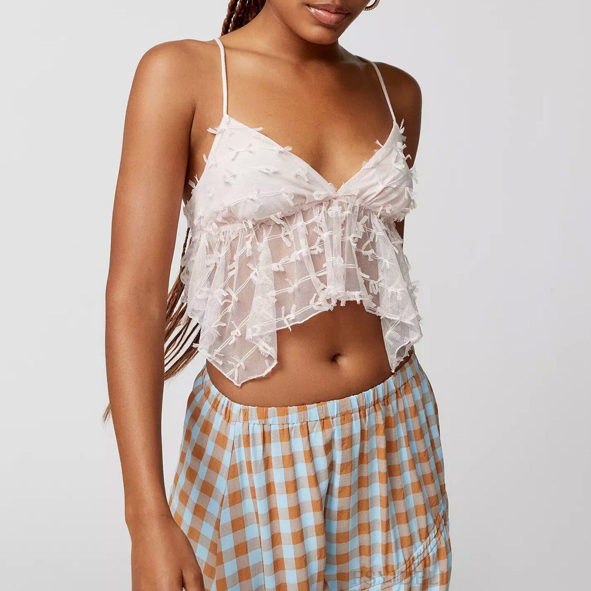 Ruffle Trim Sheer Cropped Cami Top - White - 1