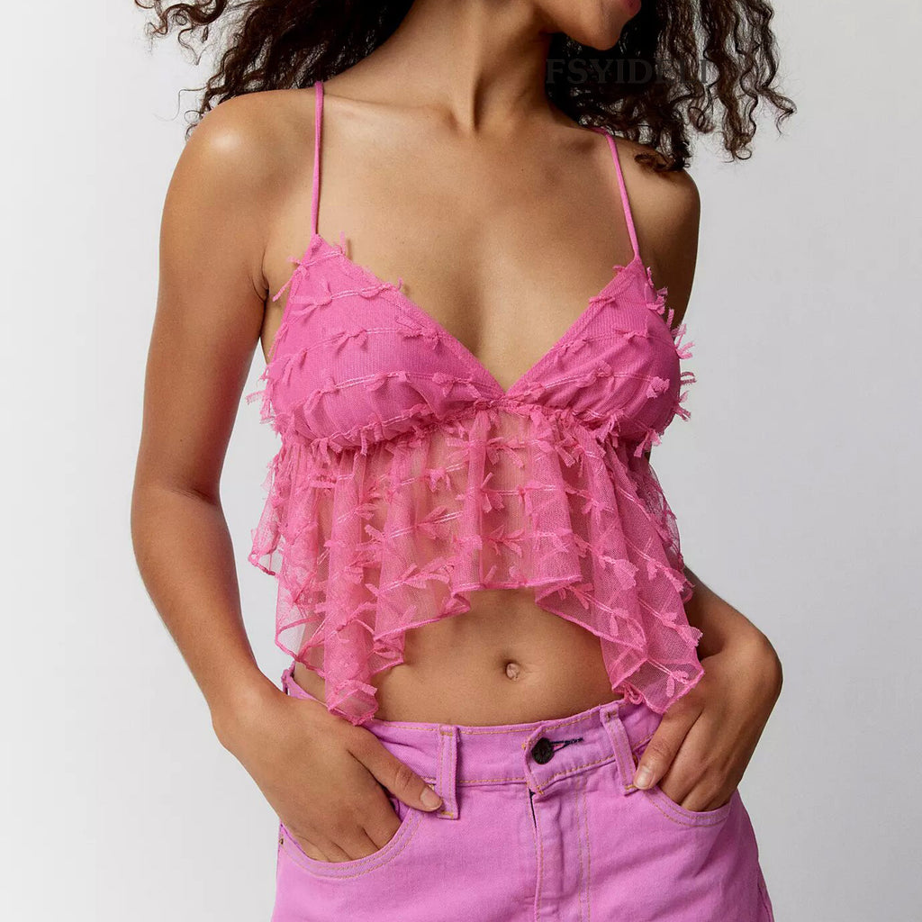 Ruffle Trim Sheer Cropped Cami Top