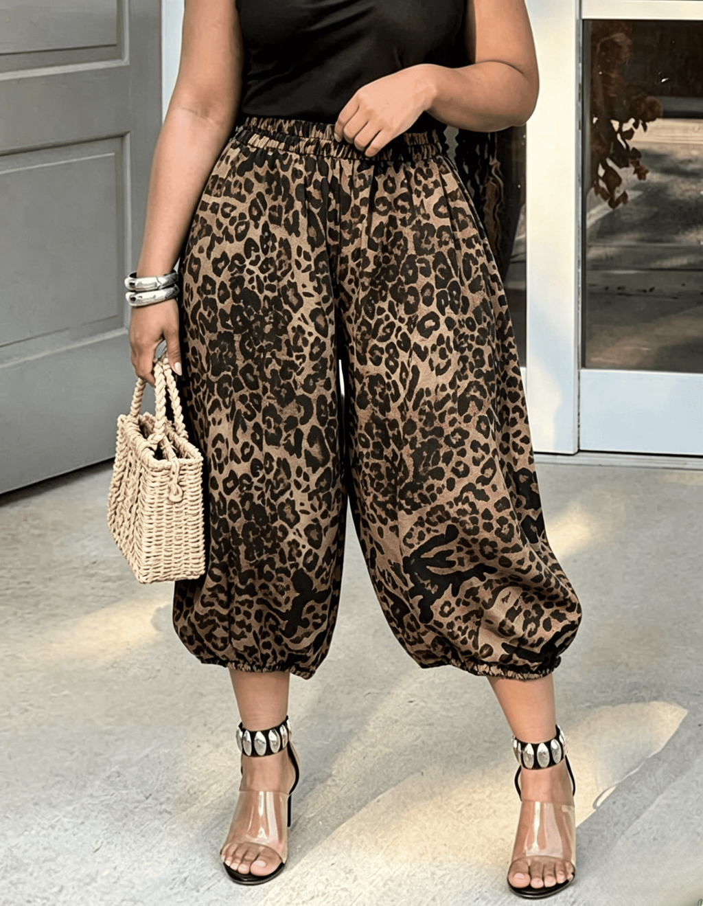 Gathered Cuff Cropped Pants In Bold Prints - Leopard