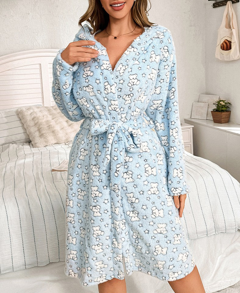 Hooded Plush Robe With Bear Motif - Blue - 2