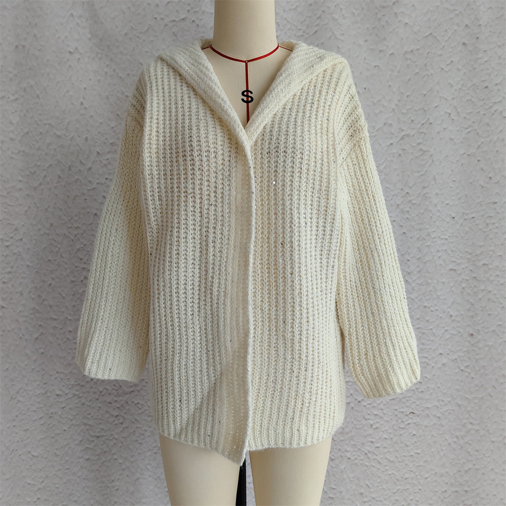 Hooded Chunky Knit Open Front Cardigan - Beige