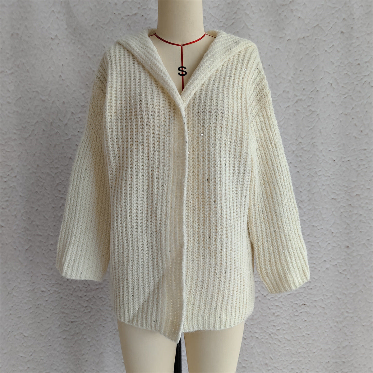 Hooded Chunky Knit Open Front Cardigan - Beige