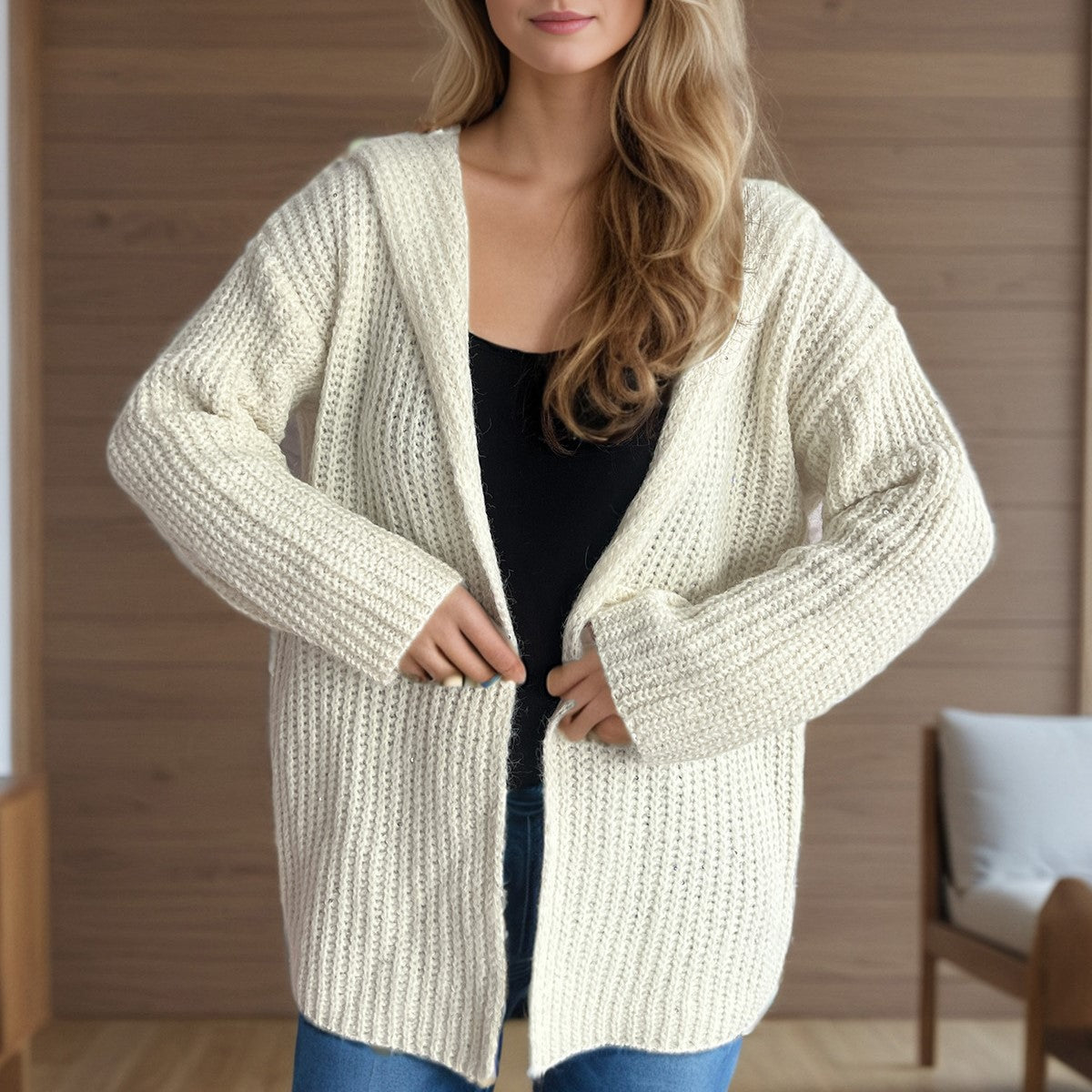 Hooded Chunky Knit Open Front Cardigan - Beige - 1