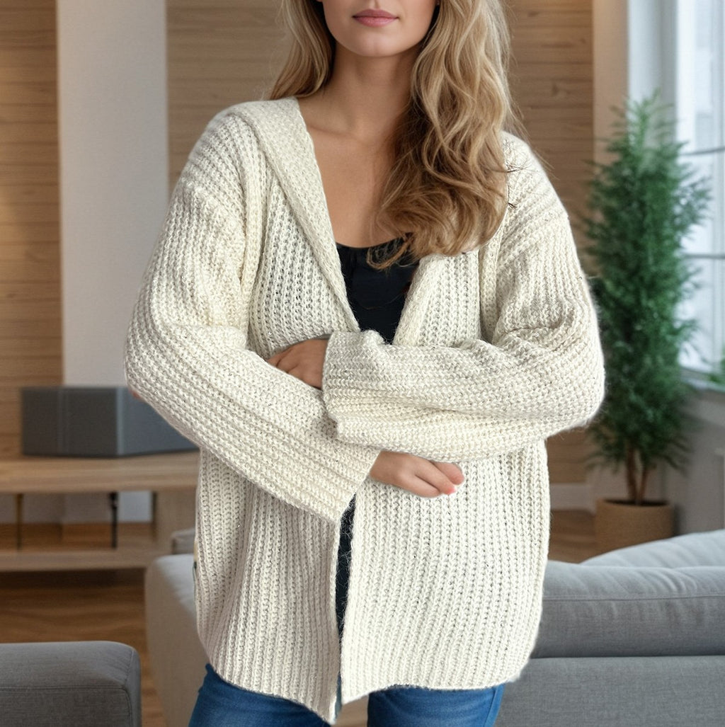 Hooded Chunky Knit Open Front Cardigan - Beige - 2