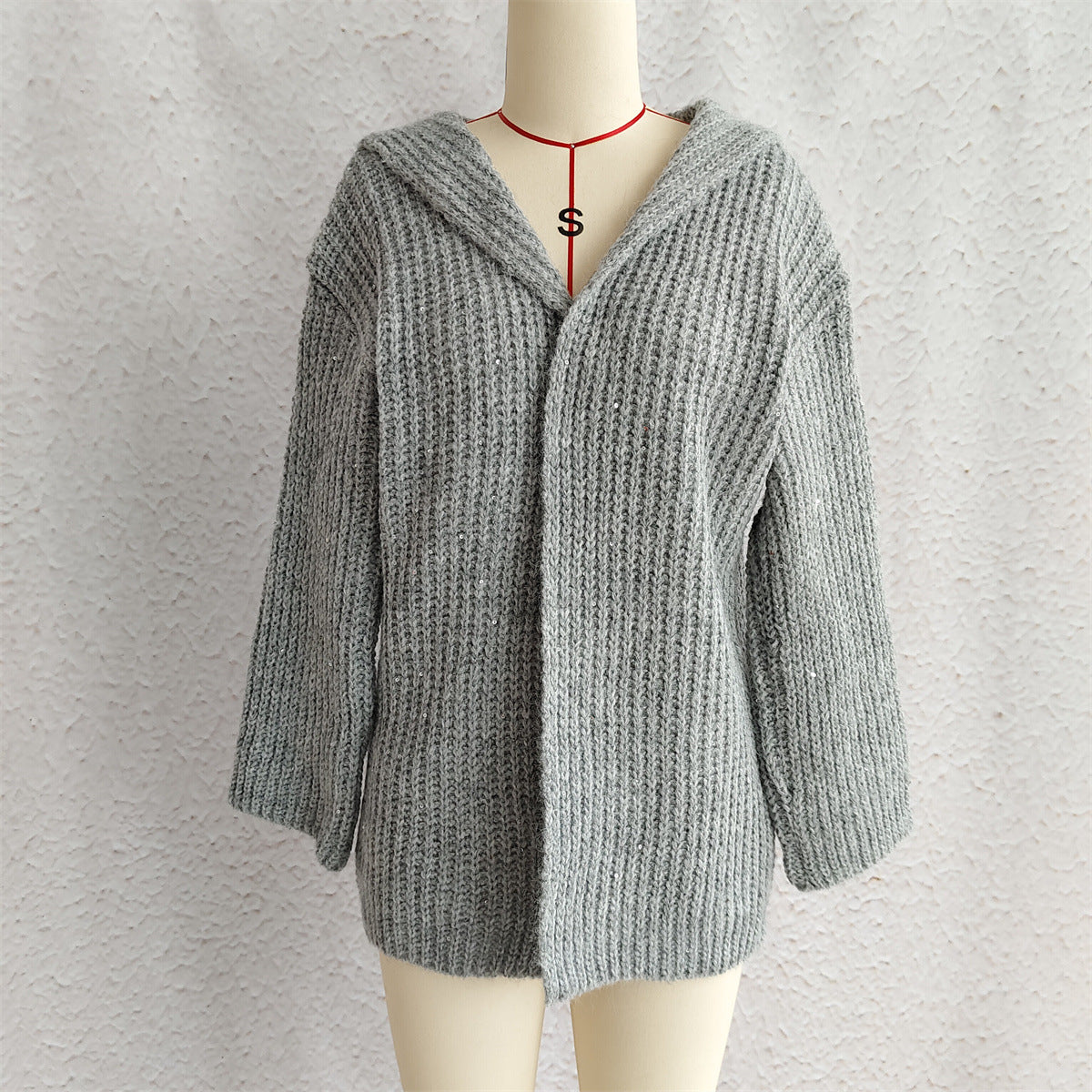 Hooded Chunky Knit Open Front Cardigan - Grey