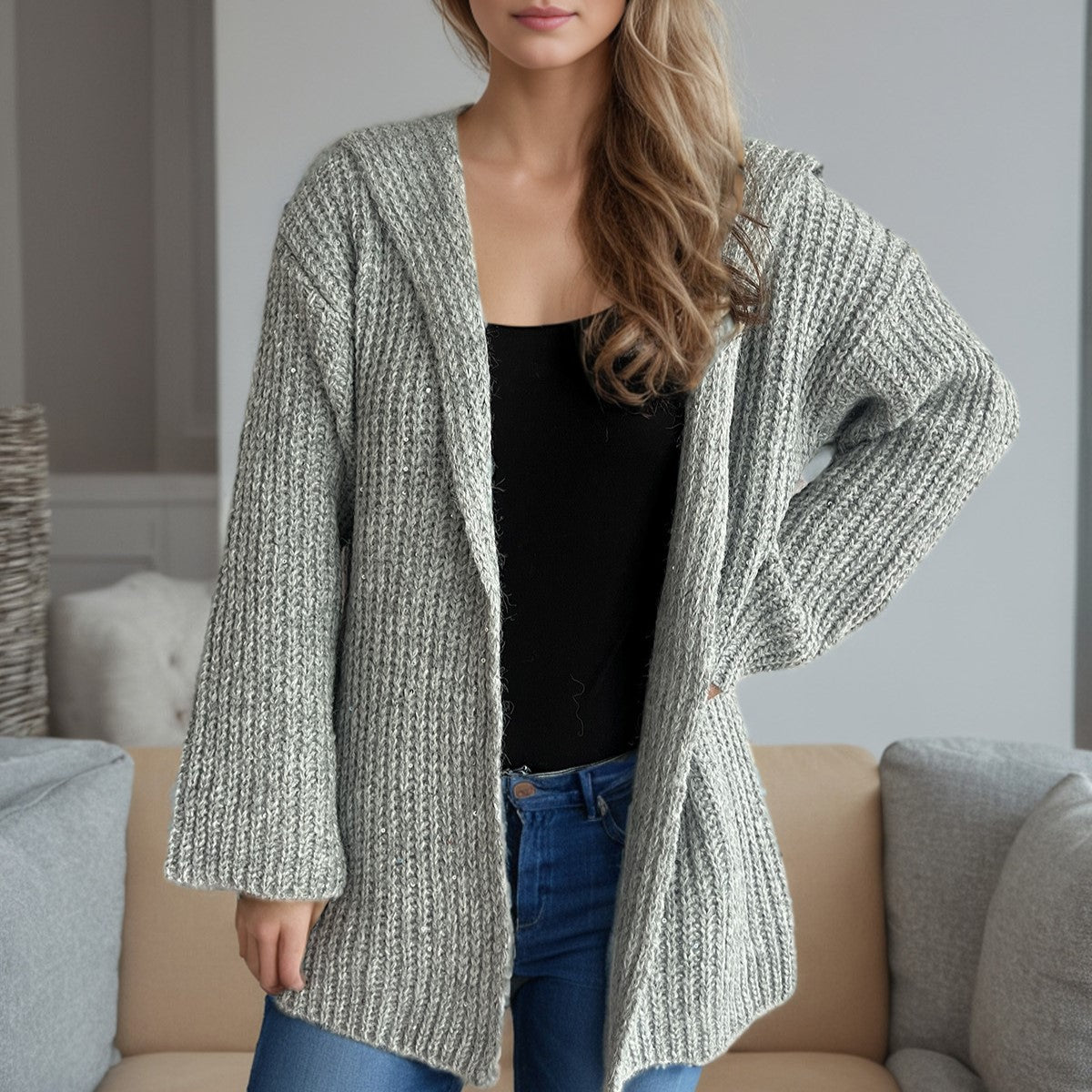 Hooded Chunky Knit Open Front Cardigan - Grey - 1