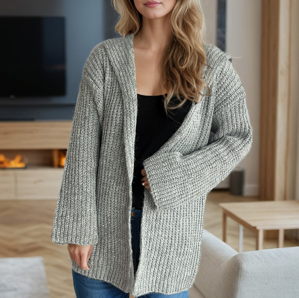 Hooded Chunky Knit Open Front Cardigan - Grey - 2