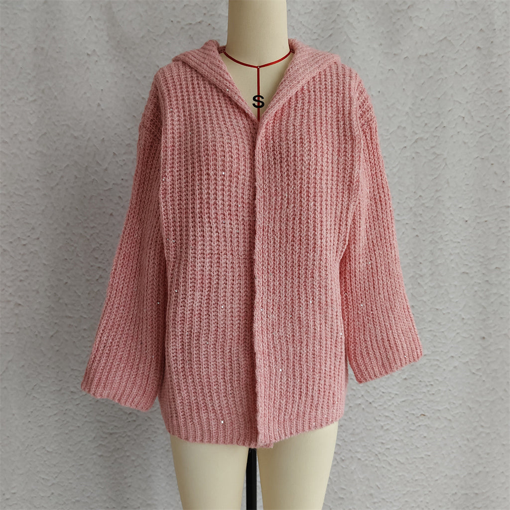 Hooded Chunky Knit Open Front Cardigan - Pink