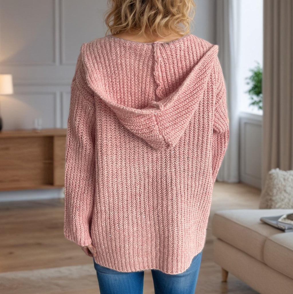 Hooded Chunky Knit Open Front Cardigan - Pink - 1
