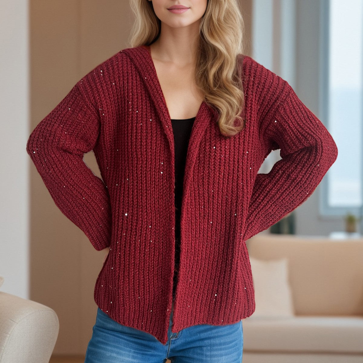Hooded Chunky Knit Open Front Cardigan - Winered - 1