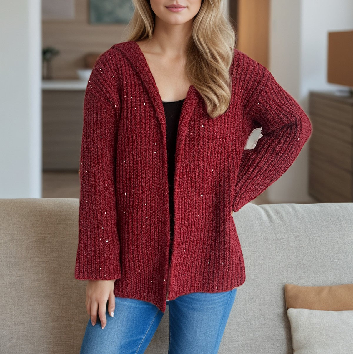 Hooded Chunky Knit Open Front Cardigan - Winered - 2