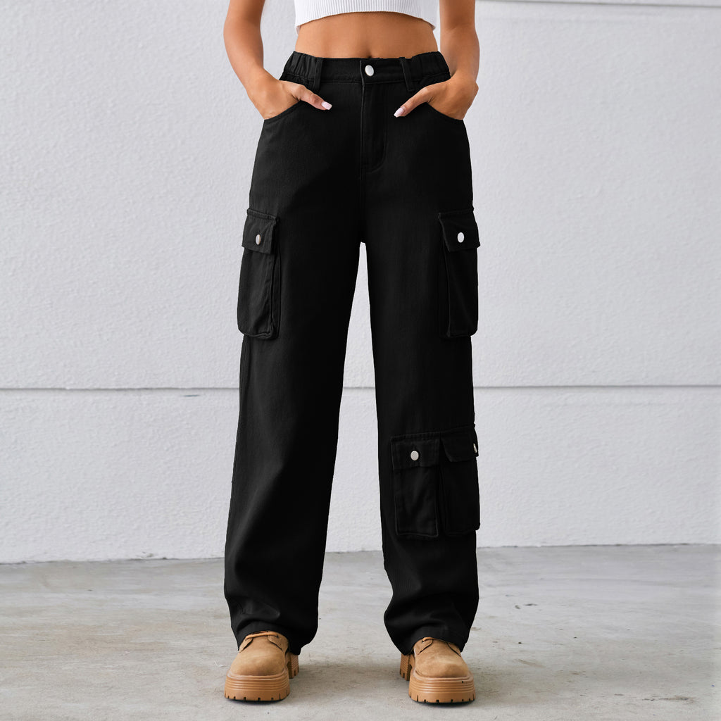 Elastic Waist Straight Leg Cargo Jeans - Black