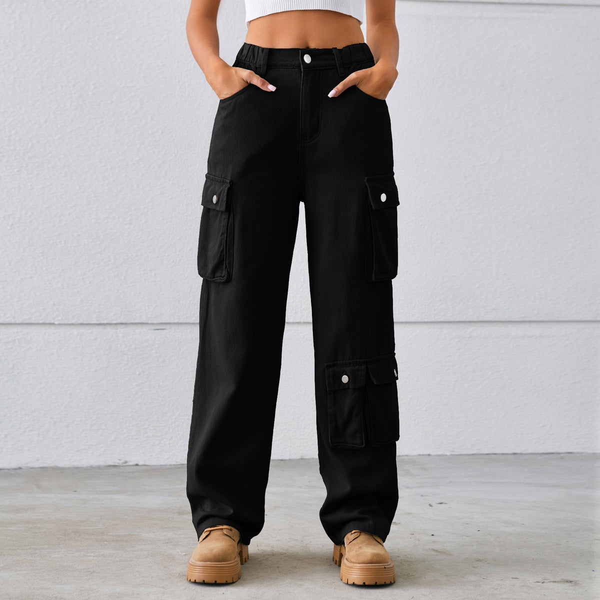 Elastic Waist Straight Leg Cargo Jeans - Black