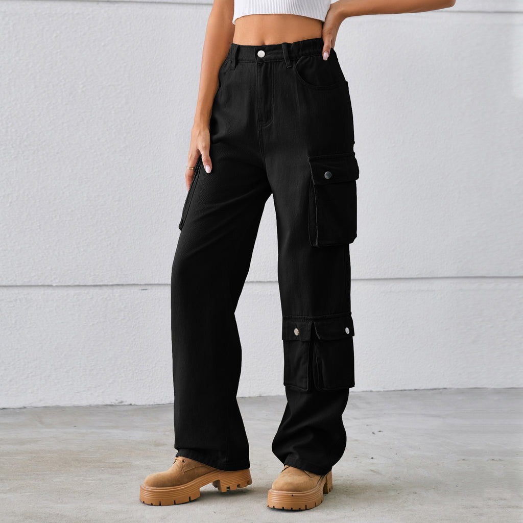 Elastic Waist Straight Leg Cargo Jeans - Black - 1