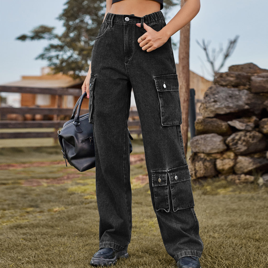 Elastic Waist Straight Leg Cargo Jeans - Blackgrey