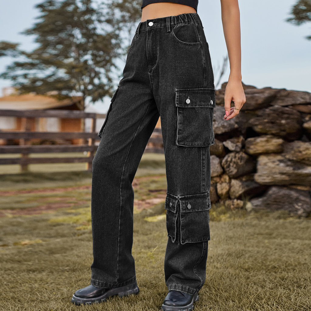 Elastic Waist Straight Leg Cargo Jeans - Blackgrey - 1