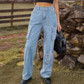 Elastic Waist Straight Leg Cargo Jeans - Blue