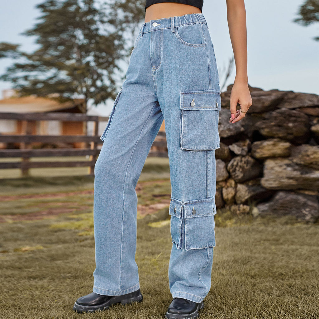 Elastic Waist Straight Leg Cargo Jeans - Blue - 1