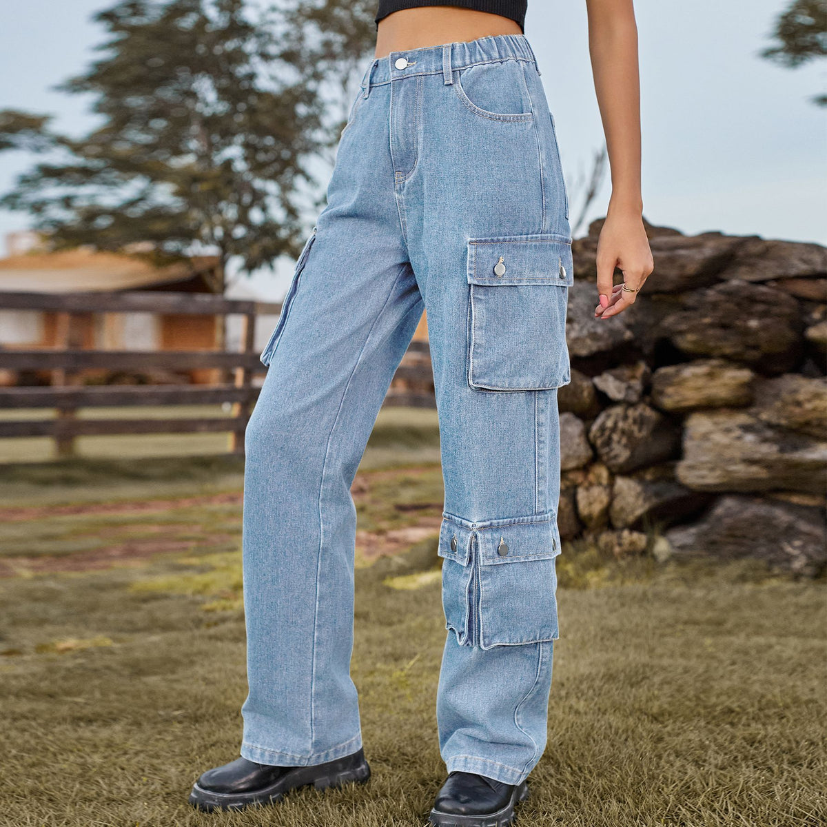 Elastic Waist Straight Leg Cargo Jeans - Blue - 1