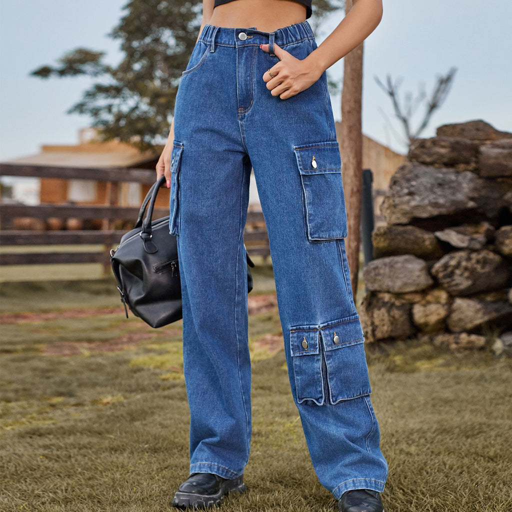 Elastic Waist Straight Leg Cargo Jeans - Darkblue