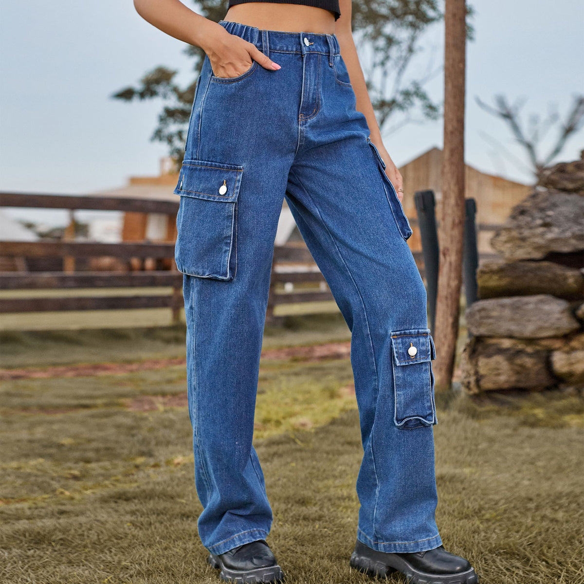 Elastic Waist Straight Leg Cargo Jeans - Darkblue - 1