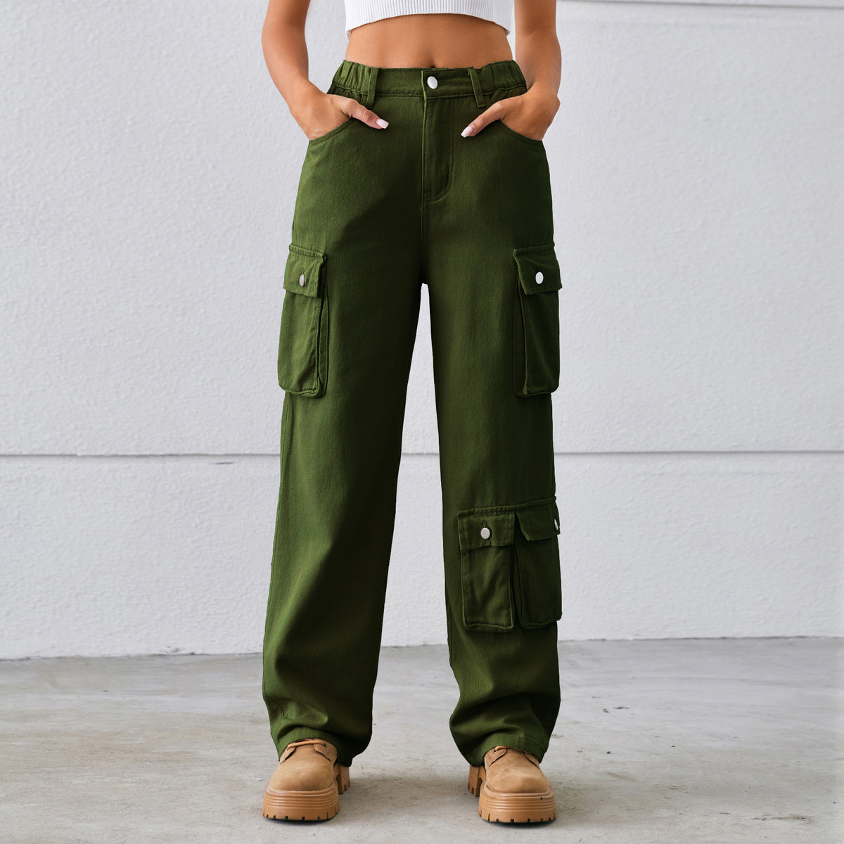 Elastic Waist Straight Leg Cargo Jeans - Green