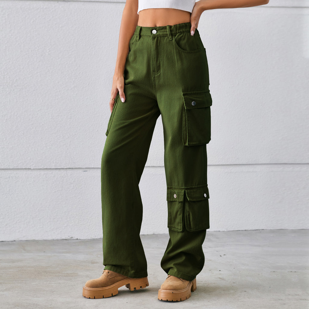 Elastic Waist Straight Leg Cargo Jeans - Green - 1