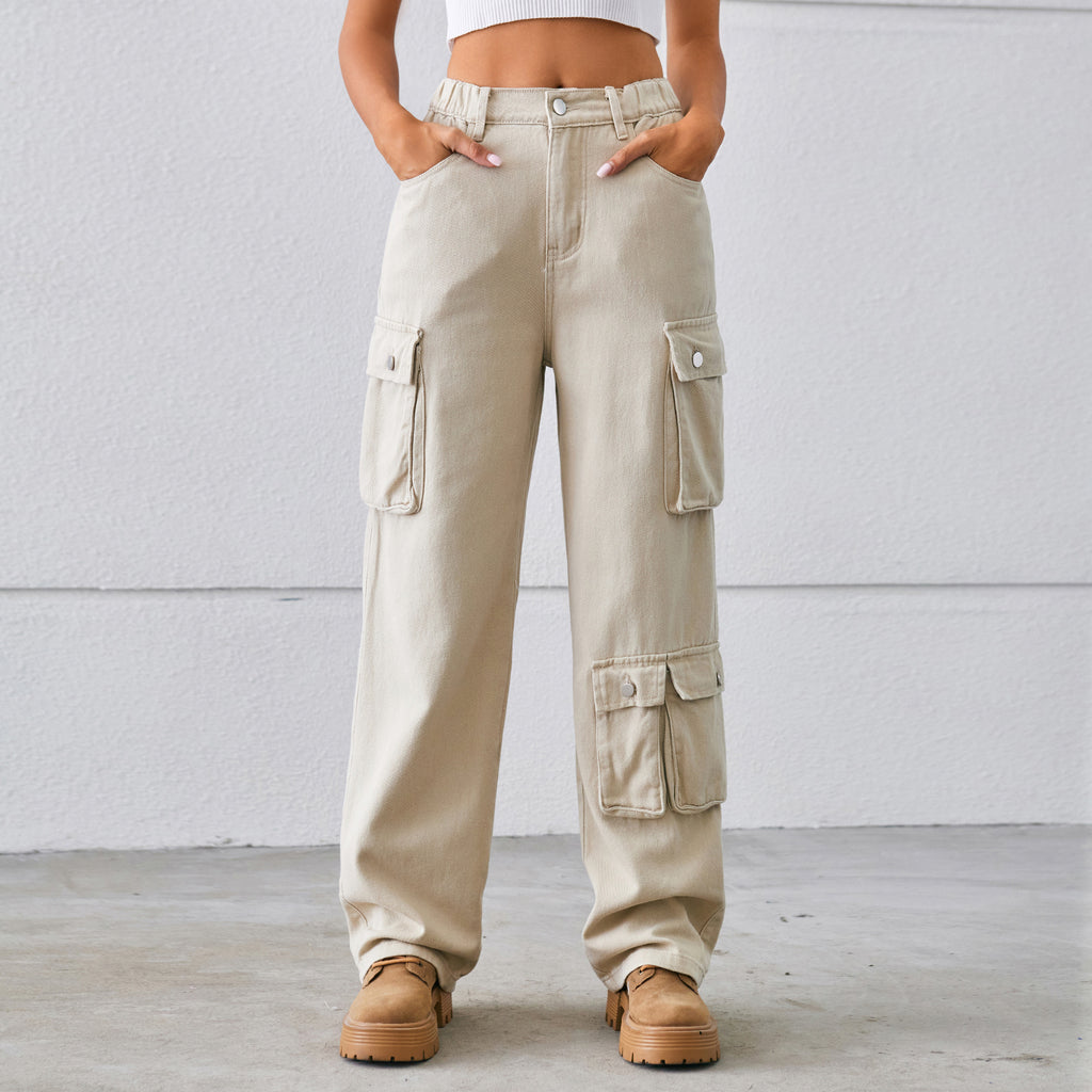 Elastic Waist Straight Leg Cargo Jeans - Khaki