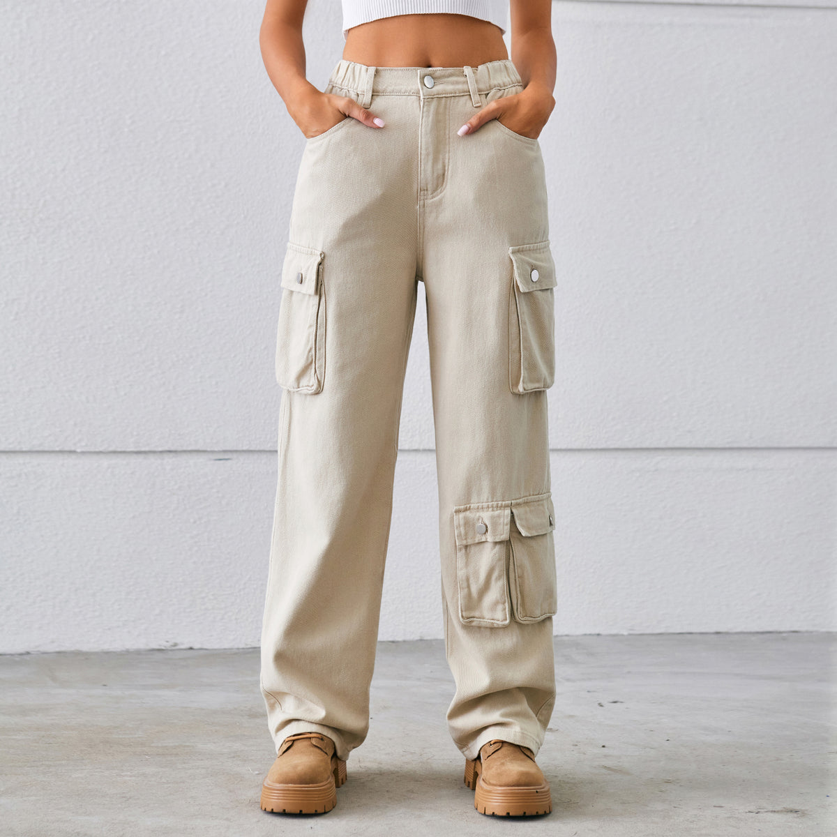 Elastic Waist Straight Leg Cargo Jeans - Khaki