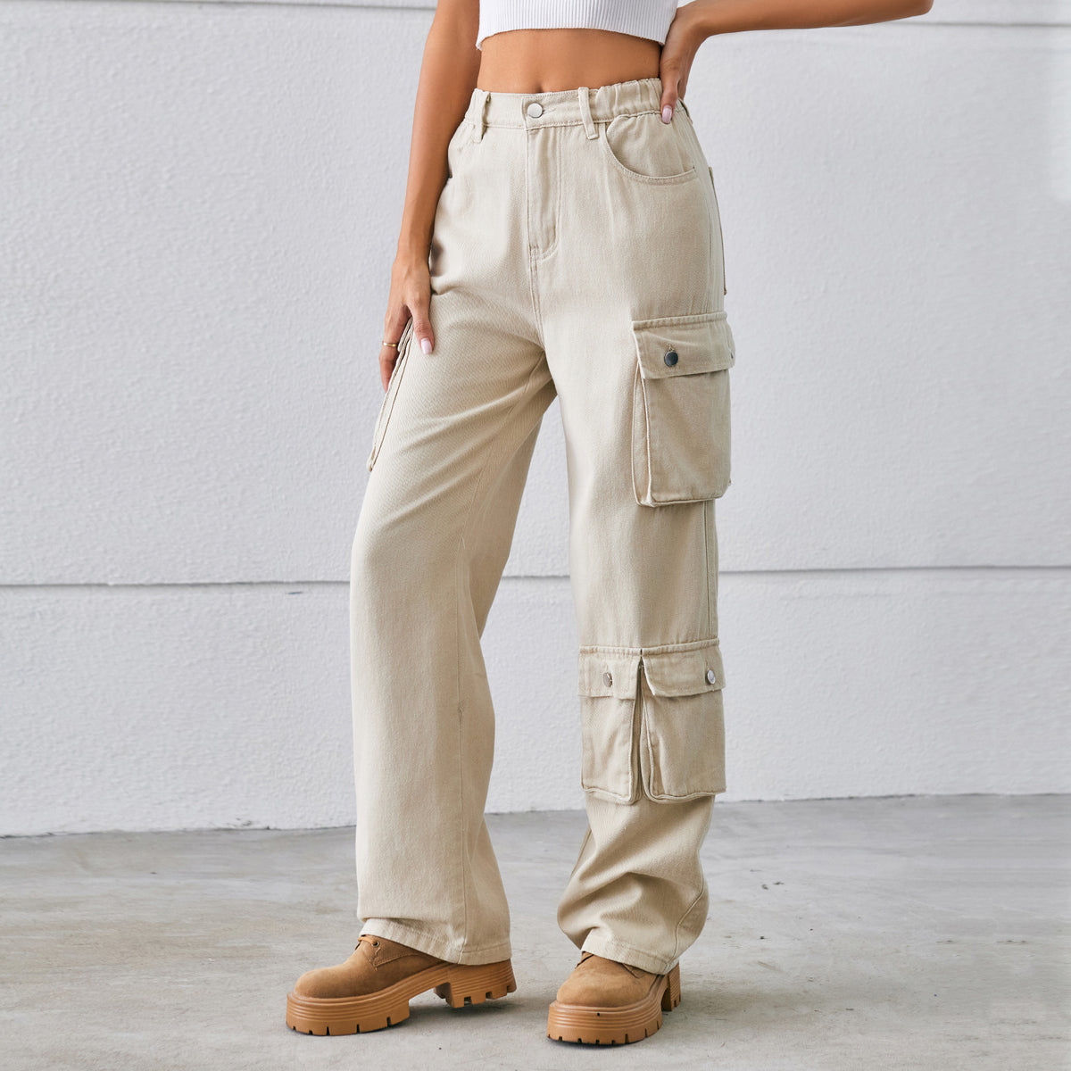 Elastic Waist Straight Leg Cargo Jeans - Khaki - 1