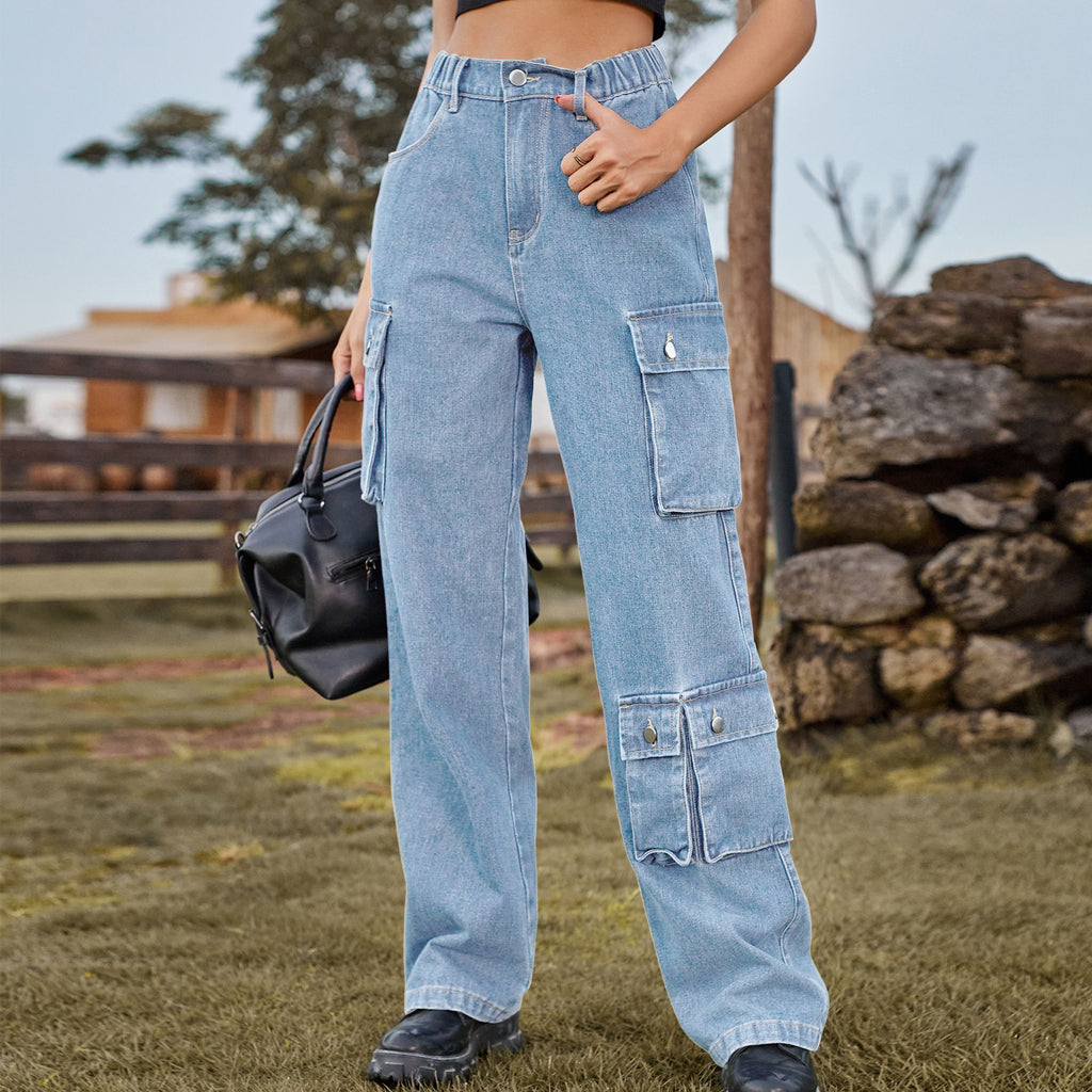 Elastic Waist Straight Leg Cargo Jeans