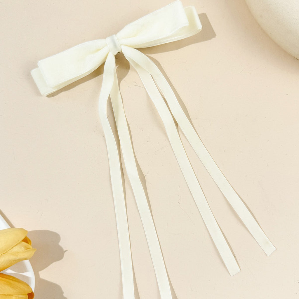 Velvet Triple Tail Bow Hair Clip - Beige