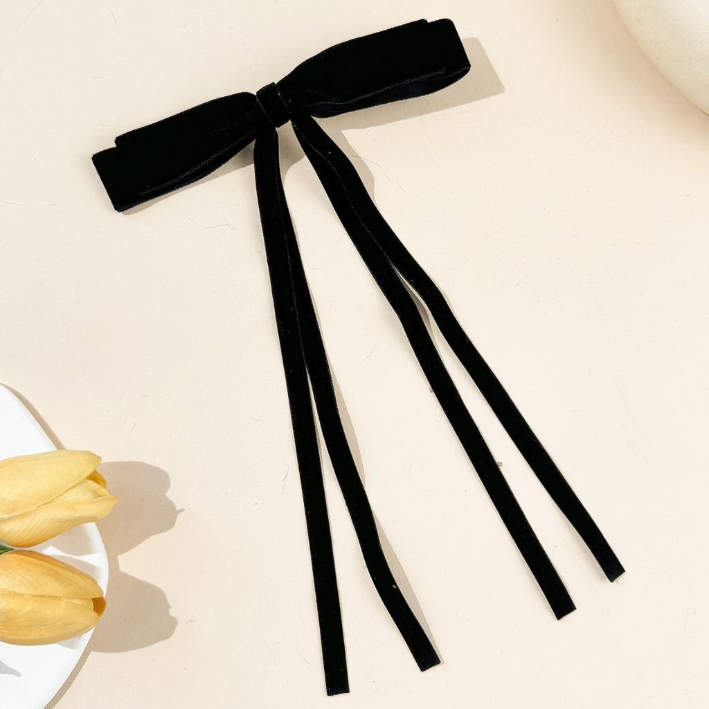 Velvet Triple Tail Bow Hair Clip - Black