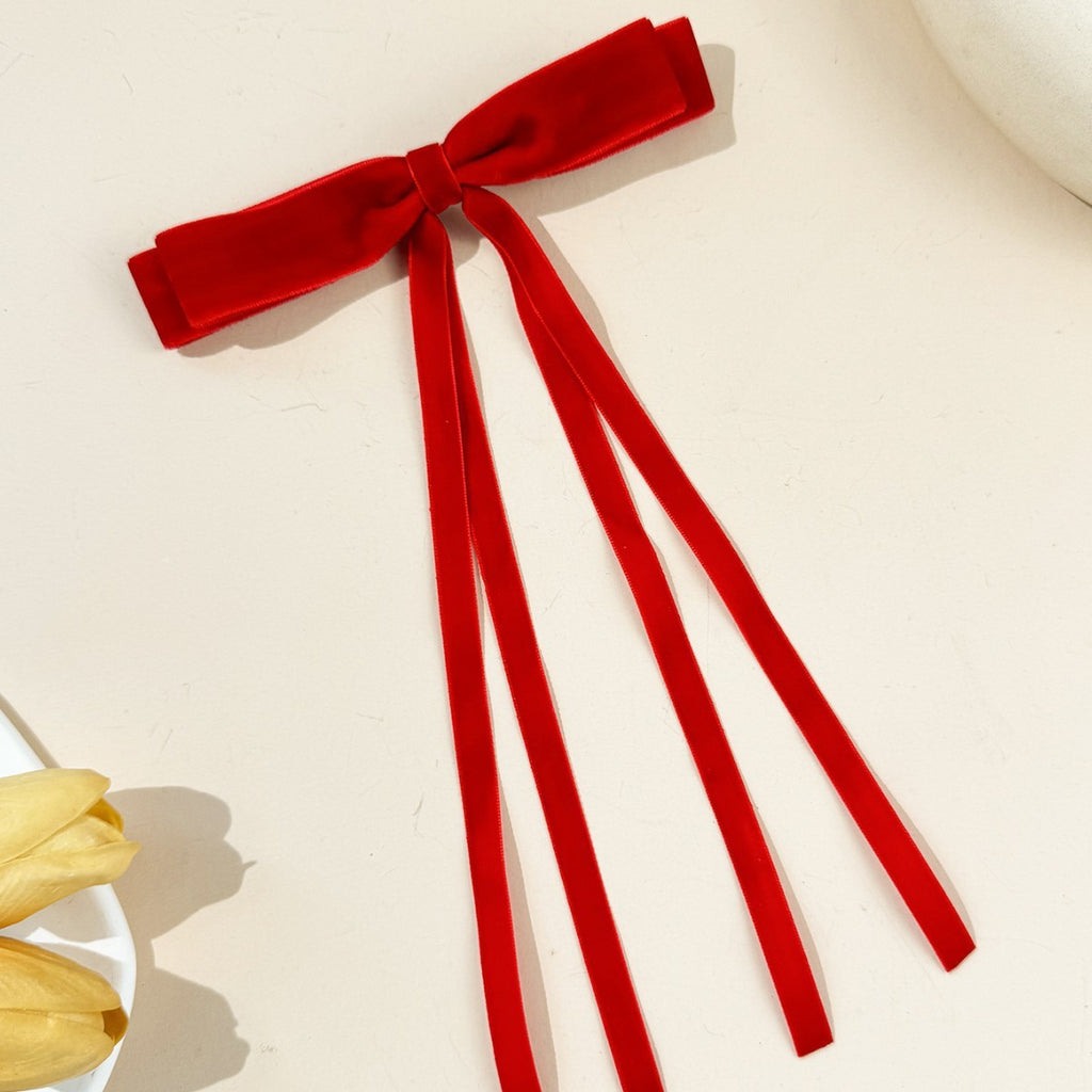 Velvet Triple Tail Bow Hair Clip - Red