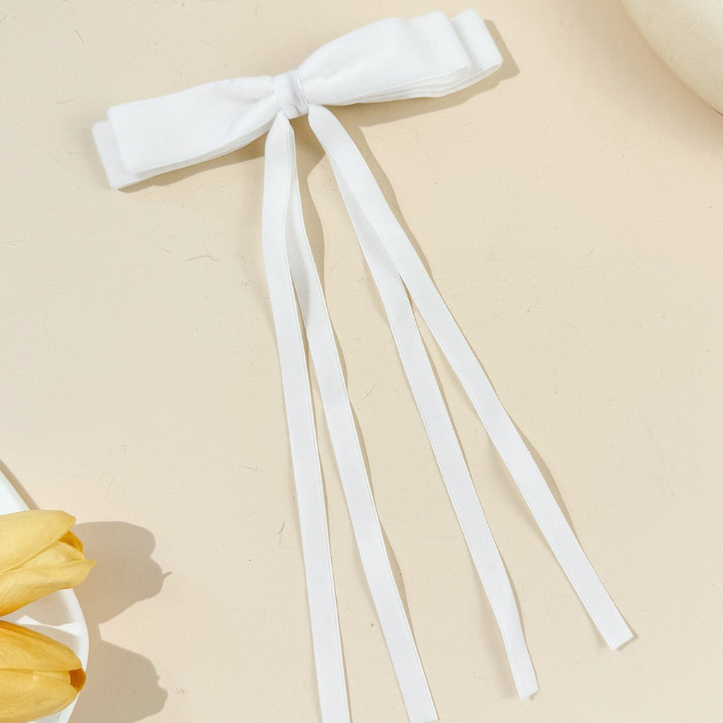 Velvet Triple Tail Bow Hair Clip - White