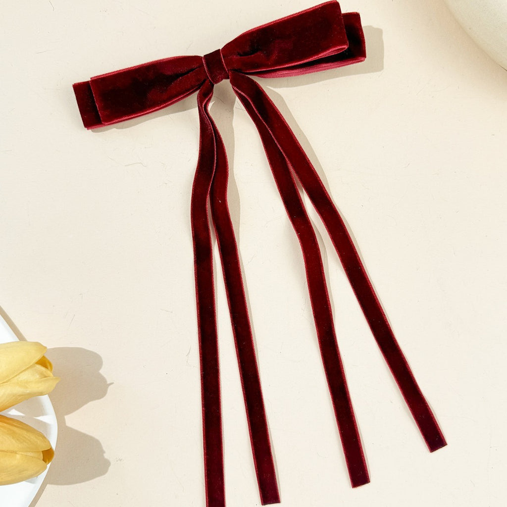 Velvet Triple Tail Bow Hair Clip - burgundy