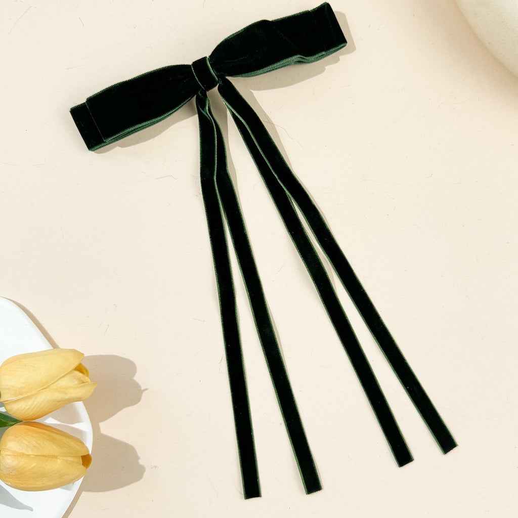 Velvet Triple Tail Bow Hair Clip - darkgreen